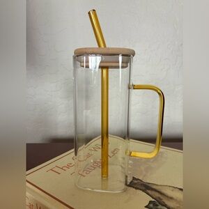 Glass Tumbler w Bamboo Lid & Straw Yellow Handle Aesthetic Mug NEW